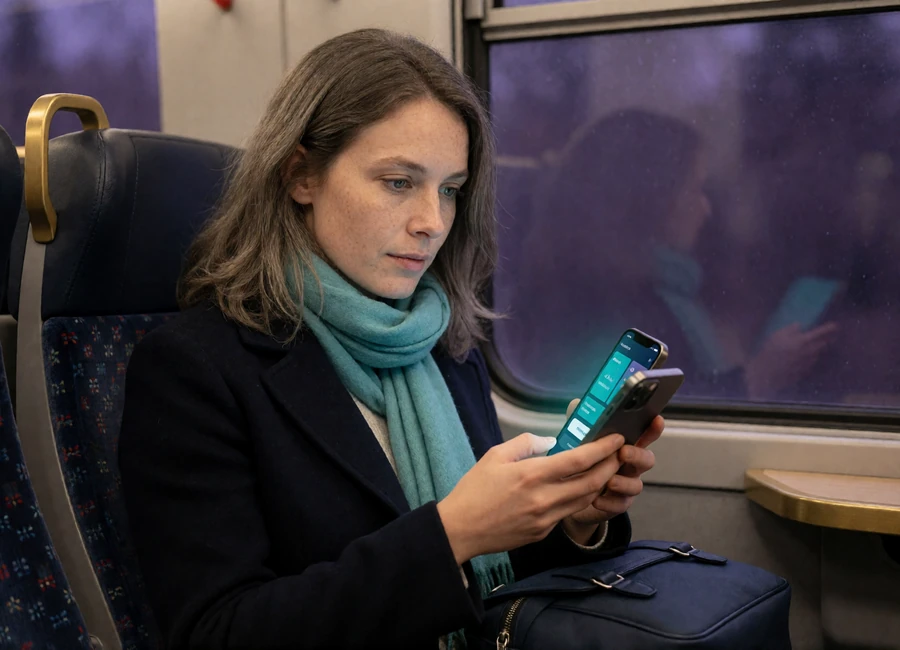 Pendlerin pr&uuml;ft mobil Spielregeln, Limits, sichere Anmeldung und Verbindungsstatus