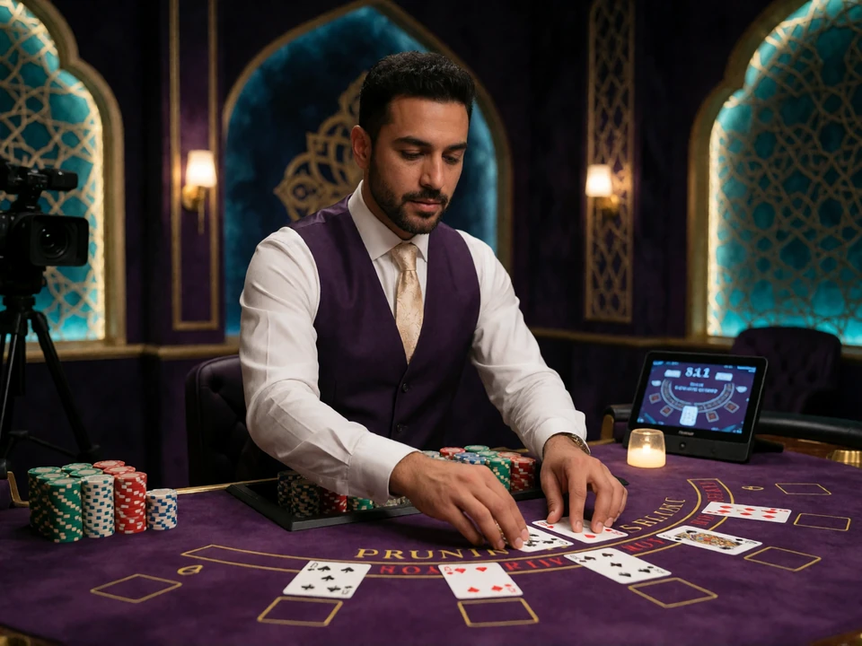 Live-Dealer zeigt Einsatzphase, Spielrunde und Ergebnis an einem Blackjack-Tisch